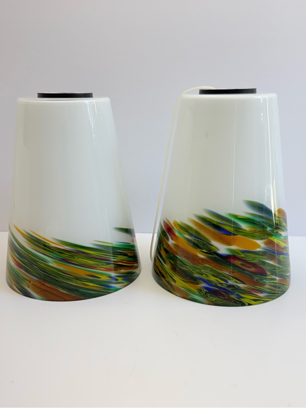 Hand Blown Art Glass Pendant Light Shades White Multicolor Feather Swirl 7” Pair